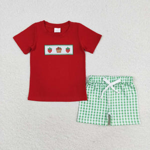 Strawberry Green Plaid Red Boys Shorts Sets