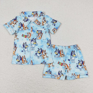 Cartoon Dogs Blue Boys Short Sleeve Pajamas