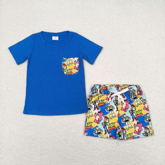 Cartoon Story Pocket Blue Boys Shorts Sets