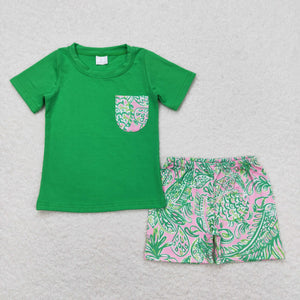 Sea Grass Fish Pocket Pink Green Boys Shorts Sets