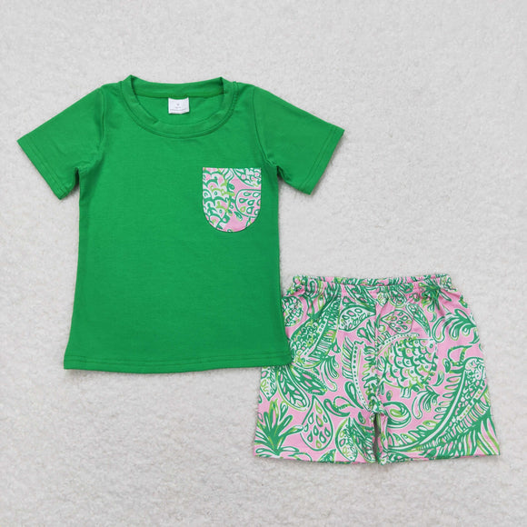 Sea Grass Fish Pocket Pink Green Boys Shorts Sets