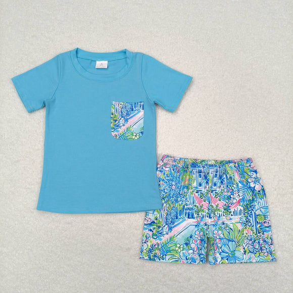 Landscape Painting Pocket Blue Boys Shorts Sets