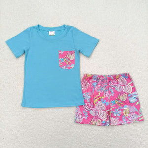 Sea Grass Shell Hot Pink Pocket Blue Boys Shorts Sets