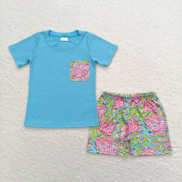 Sea Grass Tortoise Pocket Blue Boys Shorts Sets