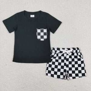 Black White Plaid Pocket Boys Shorts Sets