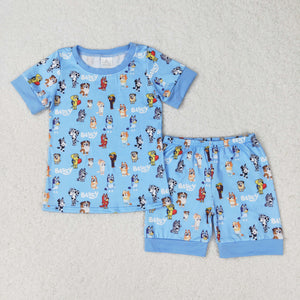 Cartoon Dogs Blue Boys Short Sleeve Pajamas