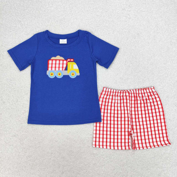 Construction Truck Red Plaid Blue Boys Shorts Sets