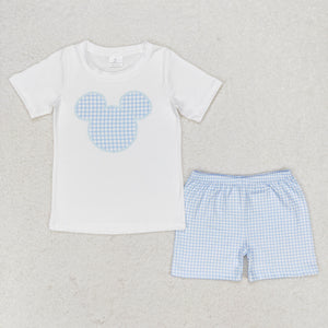 Cartoon Blue Plaid White Boys Shorts Sets