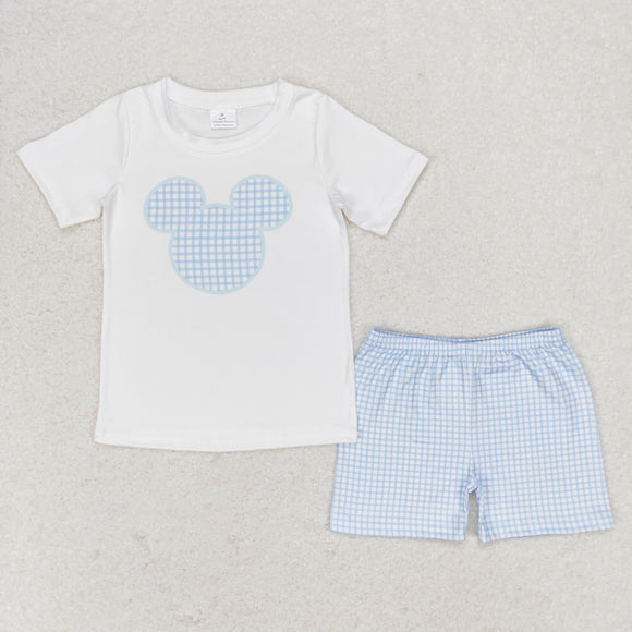 Cartoon Blue Plaid White Boys Shorts Sets