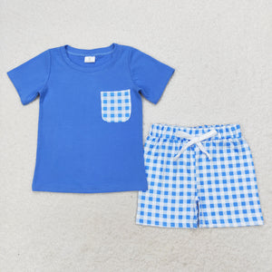 Plaid Pocket Blue Boys Shorts Sets