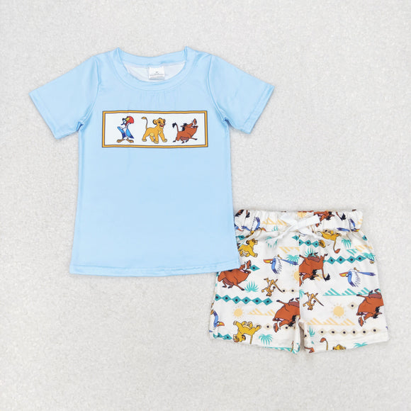 Cartoon Lion Blue Boys Shorts Sets