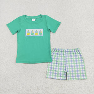 Sailboat Plaid Green Boys Shorts Sets