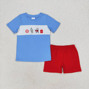 Cartoon Shopping Cart Dog Red Blue Boys Shorts Sets