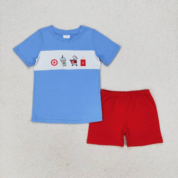 Cartoon Shopping Cart Dog Red Blue Boys Shorts Sets