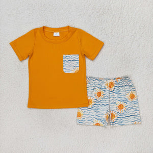 Sun Sea Wave Pocket Orange Boys Shorts Sets