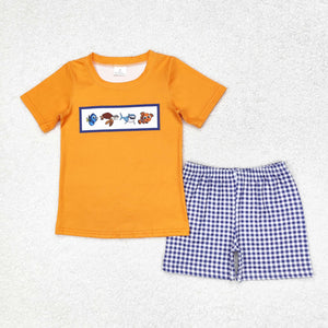 Cartoon Fish Orange Blue Plaid Boys Shorts Sets