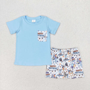 Happy Birthday Cartoon Dogs Pocket Blue Boys Shorts Sets