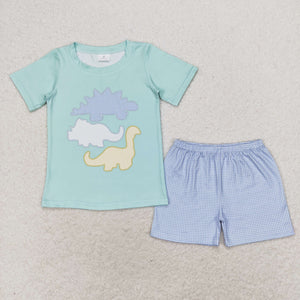 Dinosaur Plaid Blue Green Boys Shorts Sets