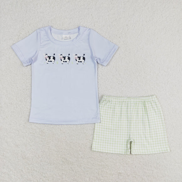 Cow Green Plaid Blue Boys Shorts Sets