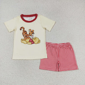 Cartoon Bear Yellow Red Plaid Boys Shorts Sets