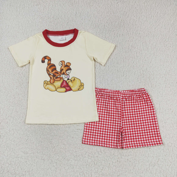 Cartoon Bear Yellow Red Plaid Boys Shorts Sets