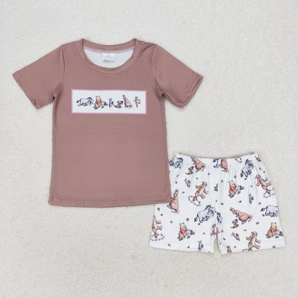 Cartoon Bear Brown White Boys Shorts Sets