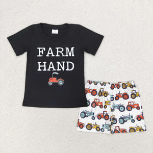 Farm Hand Tractor Black White Boys Shorts Sets