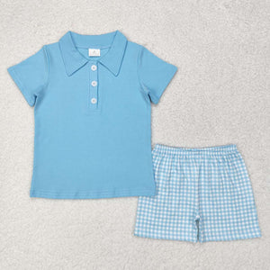 Solid Blue Plaid Boys Shorts Sets