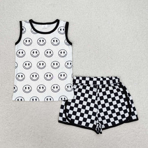 Smile Black White Plaid Boys Shorts Sets