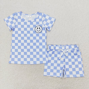 Smile Blue Plaid Boys Shorts Sets