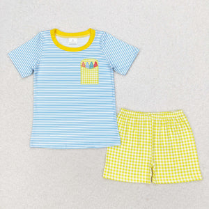 Crayon Blue Stripe Boys Back to School Outfits