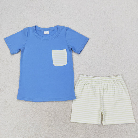 Light Green Stripe Pocket Blue Boys Shorts Sets