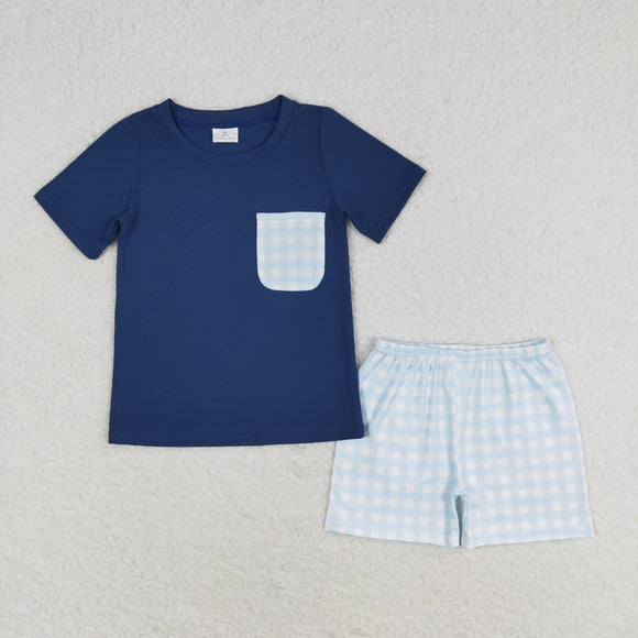 Blue Plaid Pocket Navy Boys Shorts Sets