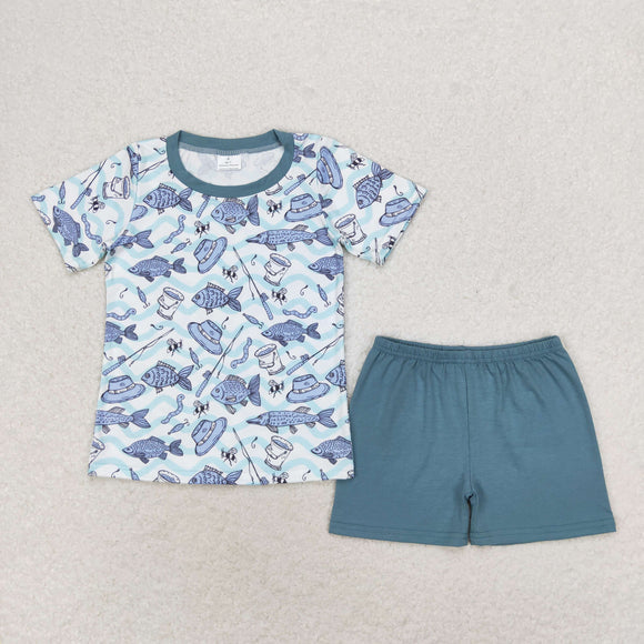 Fishing Blue Boys Shorts Sets