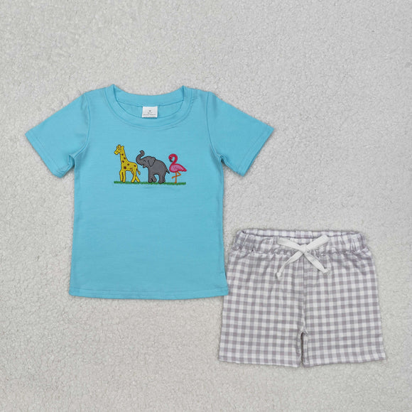 Giraffe Animals Plaid Blue Boys Shorts Sets