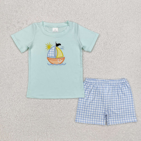 Boat Plaid Blue Green Boys Shorts Sets