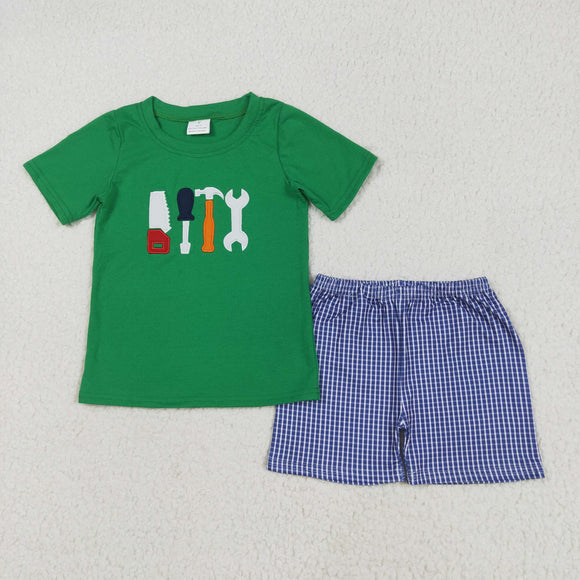 Tools Green Navy Plaid Boys Shorts Sets