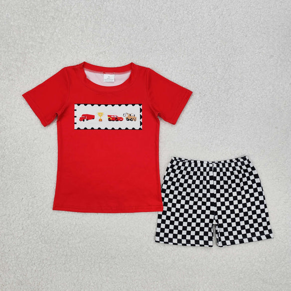 Cartoon Car Plaid Red Boys Shorts Sets