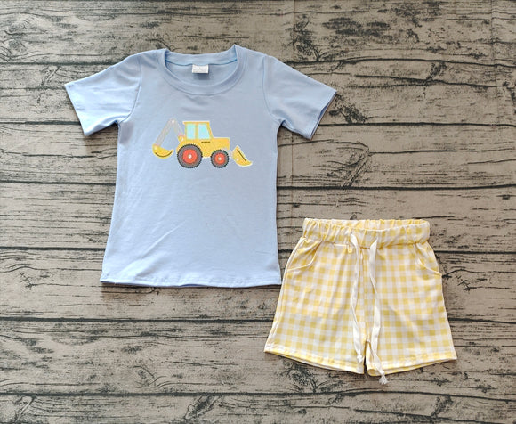 Pre-sale Construction Truck Yellow Plaid Blue Boys Shorts Sets