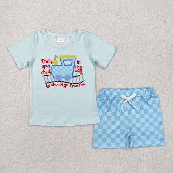 Train Plaid Blue Boys Shorts Sets