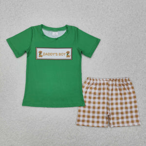 Daddy‘s Boy Dog Plaid Green Boys Shorts Sets