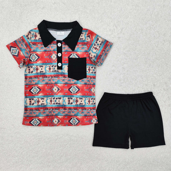 Black Pocket Aztec Red Boys Shorts Sets