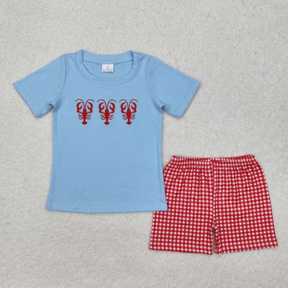 Crawfish Red Plaid Blue Boys Shorts Sets