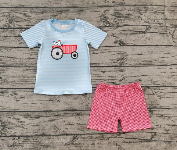 Pre-sale Chick Tractor Stripe Blue Red Boys Shorts Sets