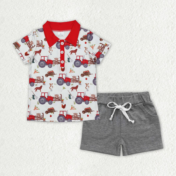 Farm Tractor Dog Red Gray Boys Shorts Sets