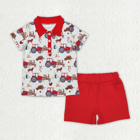 Farm Tractor Dog Red White Boys Shorts Sets