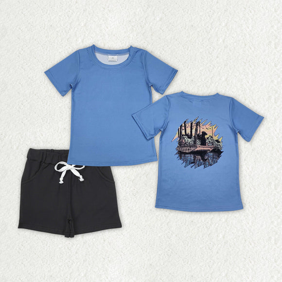 Dog Boat Blue Black Boys Shorts Sets