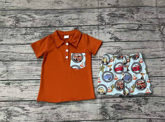 Pre-sale Cartoon Car Pocket Brown Boys Shorts Sets