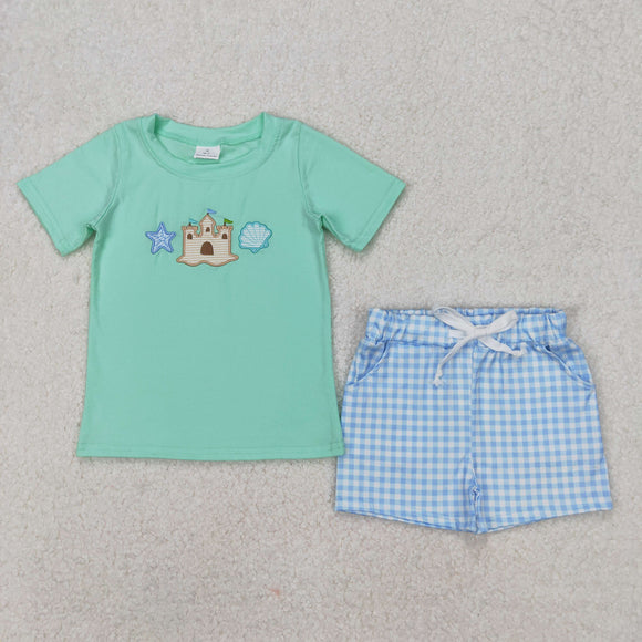 Starfish Castle Shell Blue Plaid Green Boys Short Sets