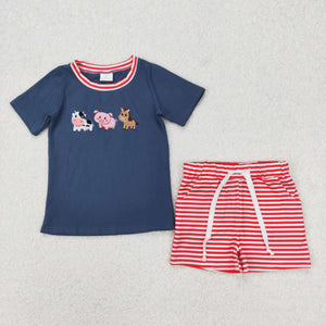 Farm Animals Cow Pig Horse Red Stripe Navy Boys Shorts Sets